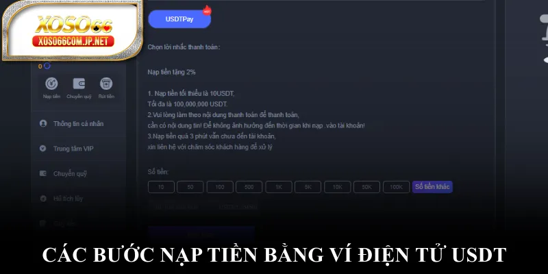 Các bước nạp tiền bằng ví điện tử USDT