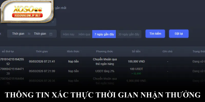 Thông tin xác thực thời gian nhận thưởng
